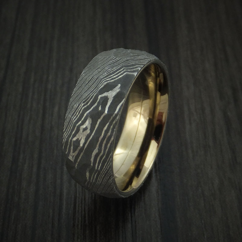 Damascus Steel Ring with Rock Hammer Finish and Anodized Titanium Sleeve Custom Made