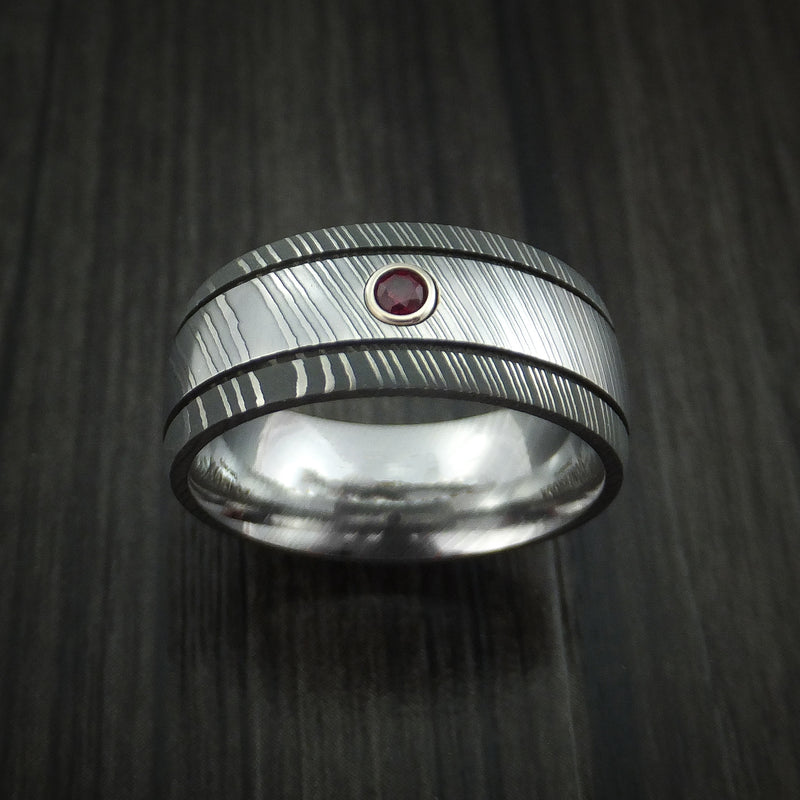 Damascus Steel Ring with Bezel Set Ruby Custom Made Band