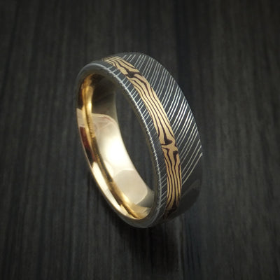 Damascus Steel Ring with 18K Yellow Gold Mokume Shakudo and 14K Yellow Gold Sleeve Custom Made Band