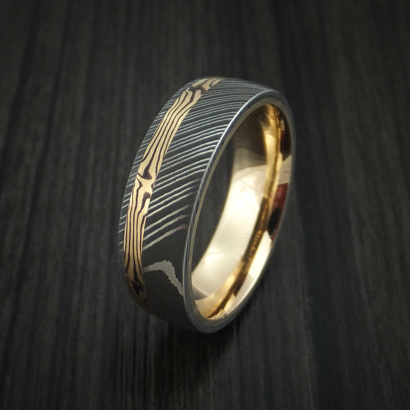 Damascus Steel Ring with 18K Yellow Gold Mokume Shakudo and 14K Yellow Gold Sleeve Custom Made Band