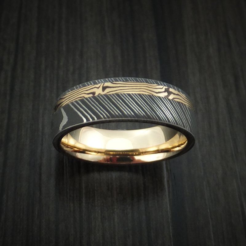 Damascus Steel Ring with 18K Yellow Gold Mokume Shakudo and 14K Yellow Gold Sleeve Custom Made Band