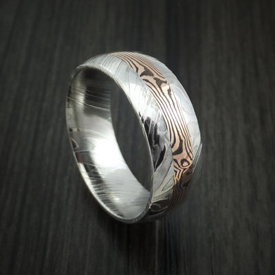 Kuro Damascus Steel and 14K Rose Gold Mokume Shakudo Gane Inlay Custom Made Band