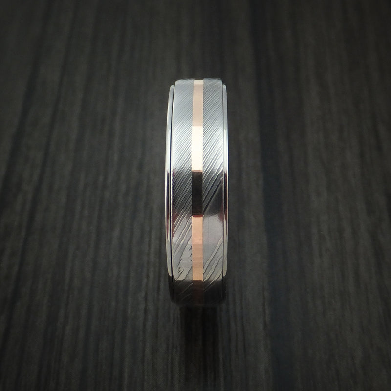 Titanium and Damascus Steel Spinner Ring with 14k Rose Gold Custom Made Band