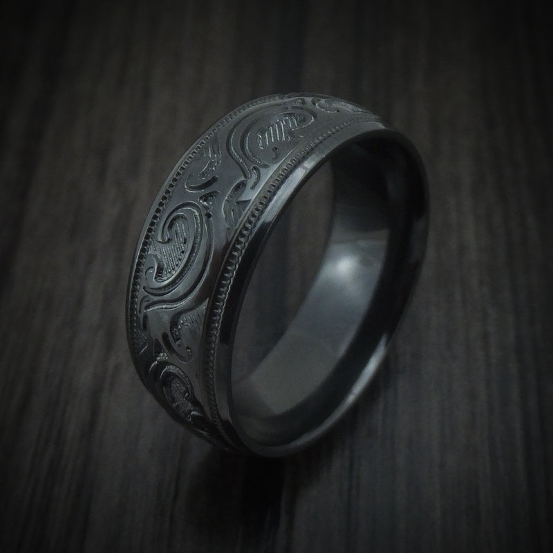 Black Zirconium Floral Design Men's Ring Custom Made
