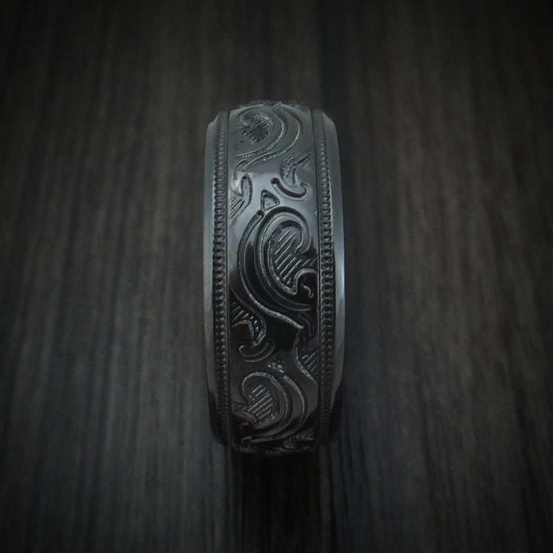 Black Titanium or Black Zirconium Custom Men's Ring with Floral Design ...