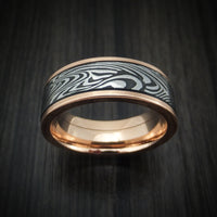 14K Gold and Sunset Kuro Damascus Steel Men's Ring Custom Made