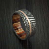 Damascus Steel and 14k Rose Gold Ring with Hazelnut Hardwood Sleeve Custom Made Band