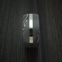 Damascus Steel and 14k White Gold Ring with Red Heart Hardwood Sleeve Custom Made Band