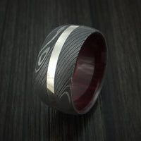 Damascus Steel and 14k White Gold Ring with Red Heart Hardwood Sleeve Custom Made Band