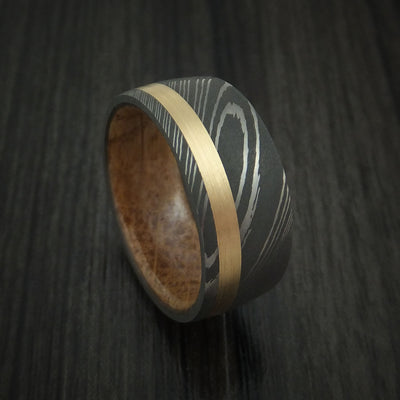 Damascus Steel Band with 14k Yellow Gold and Jack Daniels Whiskey Barrel Wood Sleeve Custom Made
