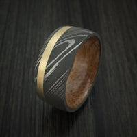 Damascus Steel Band with 14k Yellow Gold and Jack Daniels Whiskey Barrel Wood Sleeve Custom Made