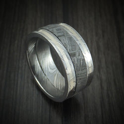 Damascus Steel Men's Ring with Meteorite and Gold Custom Made Band
