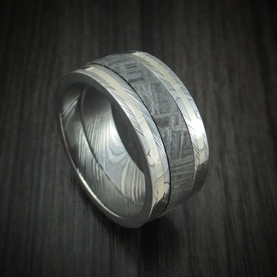 Damascus Steel Men's Ring with Meteorite and Gold Custom Made Band