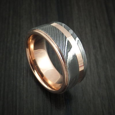Damascus Steel 14K Rose Gold Ring Wedding Band with Gold Inlay
