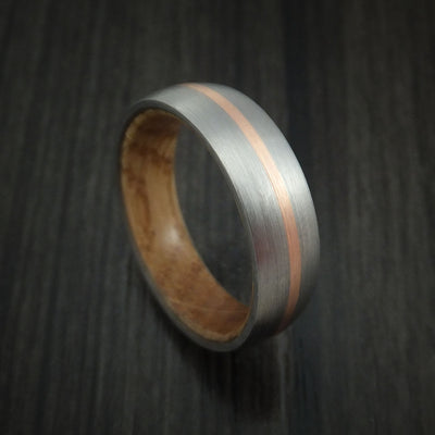 Titanium Ring with 14k Rose Gold Inlay and Whiskey Barrel Wood Sleeve Made to Any Sizing and Finish