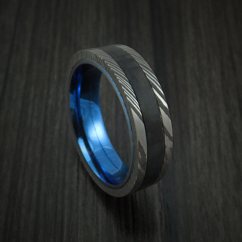 Damascus Steel and Carbon Fiber Ring Custom Made Band with Anodized Blue Titanium Interior