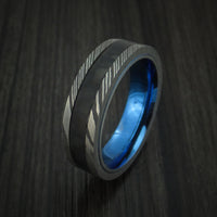 Damascus Steel and Carbon Fiber Ring Custom Made Band with Anodized Blue Titanium Interior