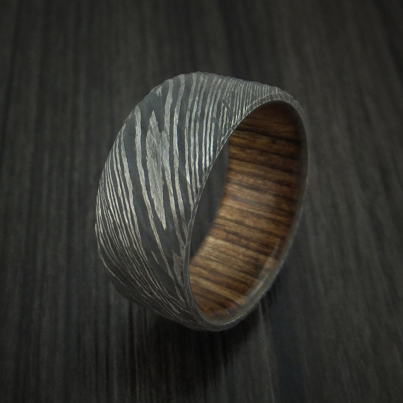 Damascus Steel Tree Bark Carved Ring with Walnut Hardwood Custom Made Band