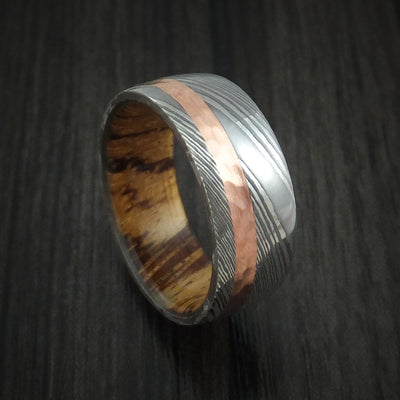 Damascus Steel Band with Hammered 14k Rose Gold and Zebrawood Wood Sleeve Custom Made