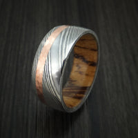 Damascus Steel Band with Hammered 14k Rose Gold and Zebrawood Wood Sleeve Custom Made