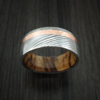Damascus Steel Band with Hammered 14k Rose Gold and Zebrawood Wood Sleeve Custom Made