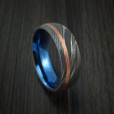 Damascus Steel Ring with Copper Inlay and Anodized Titanium Interior Sleeve Custom Made Band