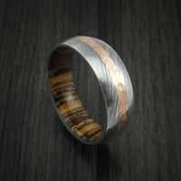 Damascus Steel Band with Hammered 14k Rose Gold and Bocote Wood Sleeve Custom Made