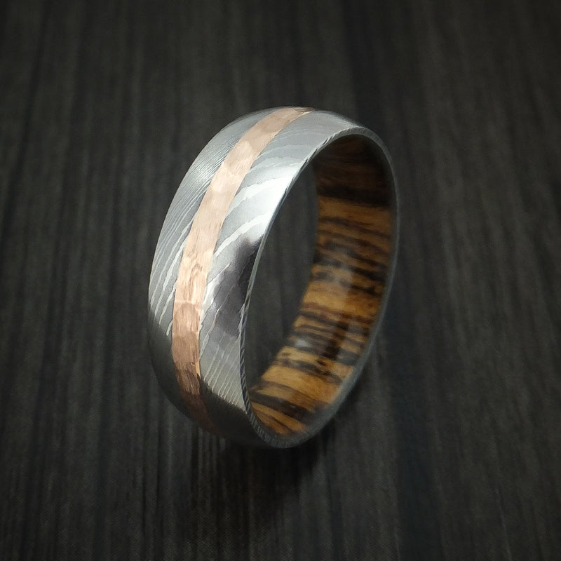Damascus Steel Band with Hammered 14k Rose Gold and Bocote Wood Sleeve Custom Made