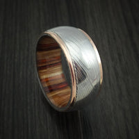 Damascus Steel and 14K Rose Gold Band with Hazelnut Hardwood Sleeve Custom Made Ring