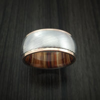 Damascus Steel and 14K Rose Gold Band with Hazelnut Hardwood Sleeve Custom Made Ring