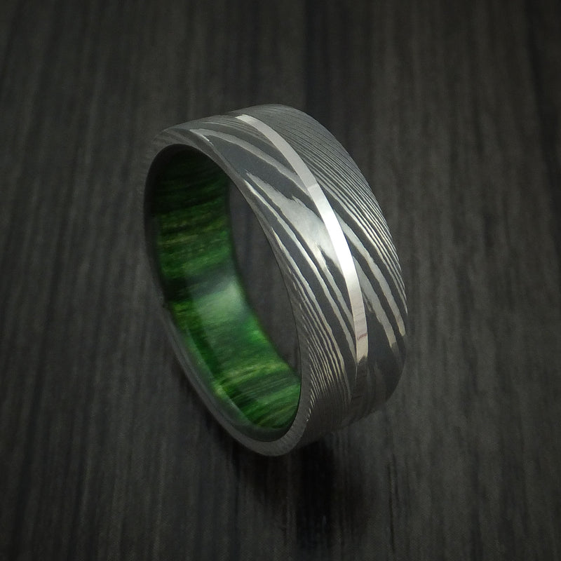 Damascus Steel and Platinum Ring with Jade Wood Hardwood Sleeve Custom Made Band