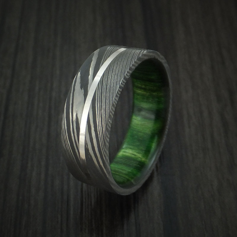 Damascus Steel and Platinum Ring with Jade Wood Hardwood Sleeve Custom Made Band