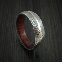 Damascus Steel Ring with 14k Yellow Gold Inlay and Red Heart Wood Hardwood Interior Sleeve Custom Made Band