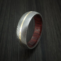Damascus Steel Ring with 14k Yellow Gold Inlay and Red Heart Wood Hardwood Interior Sleeve Custom Made Band
