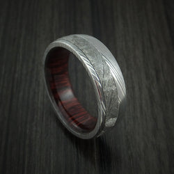Damascus Steel Ring with Gibeon Meteorite and Red Heart Wood Hardwood Sleeve Custom Made Band