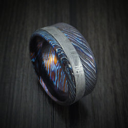 Kuro-Ti Twisted Titanium Etched and Heat-Treated Men's Ring with Meteorite Inlay Custom Made Band