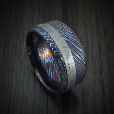 Kuro-Ti Heat-Treated Titanium Damascus Men's Ring with Meteorite Inlay Custom Made Band