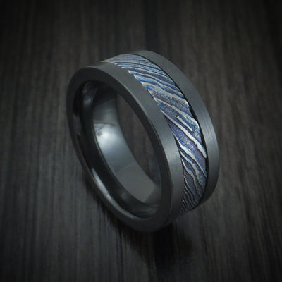 Black Zirconium and Kuro-Ti Heat-Treated Titanium Damascus Men's Ring Custom Made Band