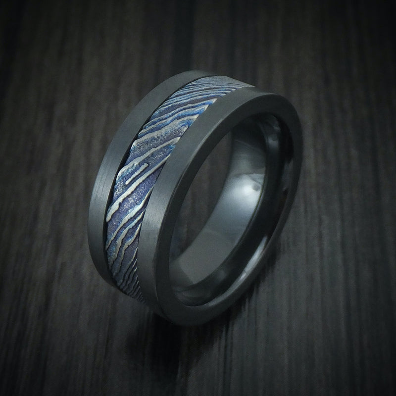 Black Zirconium and Kuro-Ti Twisted Titanium Etched and Heat-Treated Men's Ring Custom Made Band