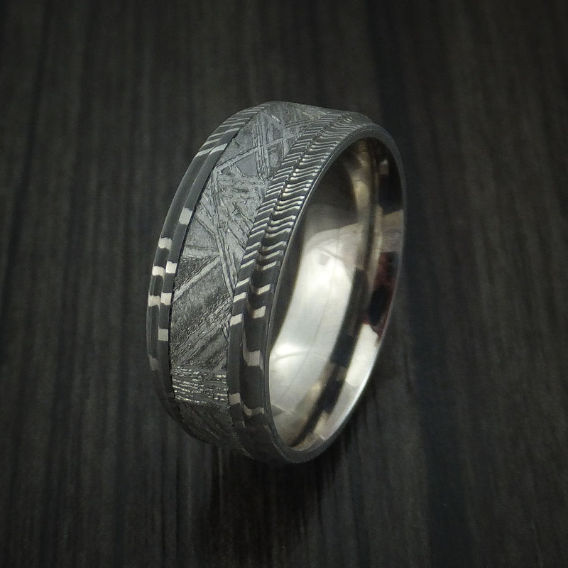 Damascus Steel and Meteorite Ring with Titanium Sleeve Custom Made Band