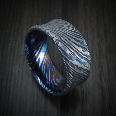 Kuro-Ti Heat-Treated Titanium Damascus Men's Ring Custom Made Band