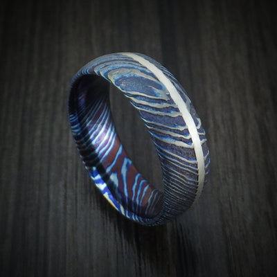 Kuro-Ti Heat-Treated Titanium Damascus Men's Ring with Silver Inlay Custom Made Band
