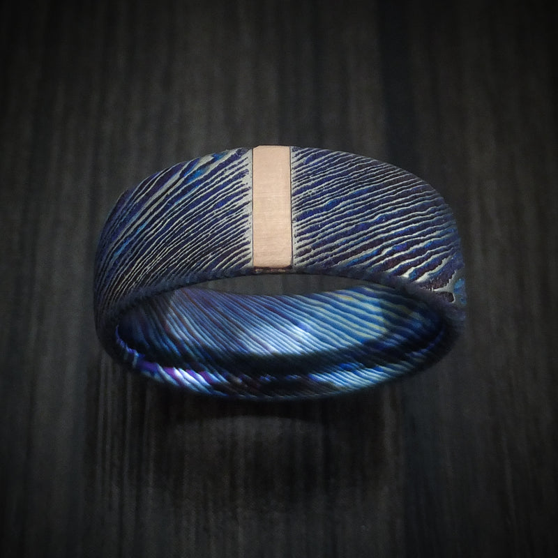 Kuro-Ti Twisted Titanium Etched and Heat-Treated Men's Ring with Vertical 14K Gold Inlay Custom Made Band