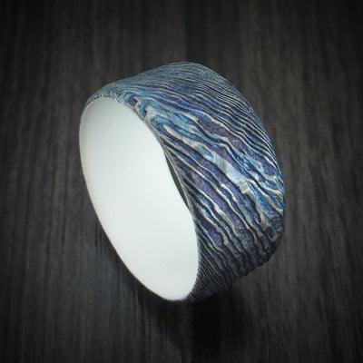 Kuro-Ti Heat-Treated Titanium Damascus Men's Ring Rock Hammer Finish with Cerakote Sleeve Custom Made Band