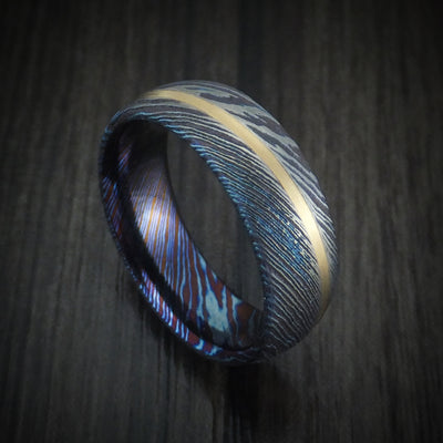 Kuro-Ti Heat-Treated Titanium Damascus Men's Ring with Angled 14K Gold Inlay Custom Made Band