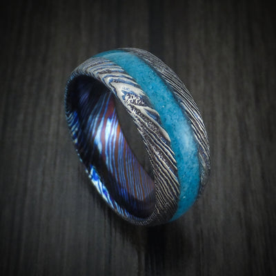 Kuro-Ti Heat-Treated Titanium Damascus Men's Ring with Stone Inlay Custom Made Band