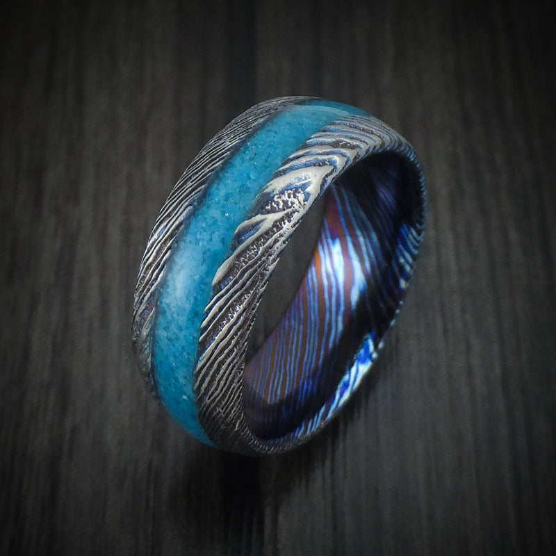 Kuro-Ti Twisted Titanium Etched and Heat-Treated Men's Ring with Stone Inlay Custom Made Band