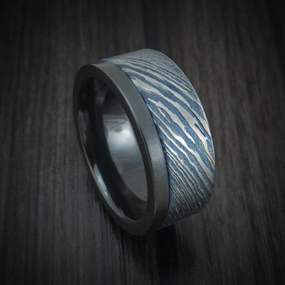 Black Zirconium and Kuro-Ti Heat-Treated Titanium Damascus Men's Ring Custom Made Band