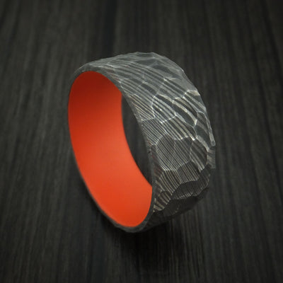 Rock Hammer Damascus Steel Wide Band with Hunter Orange Cerakote Sleeve Custom Made Band