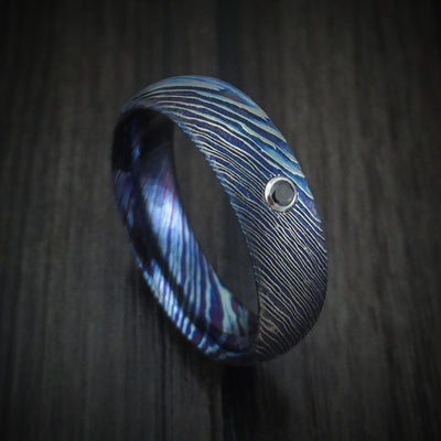 Kuro-Ti Heat-Treated Titanium Damascus Men's Ring with Black Diamond Custom Made Band